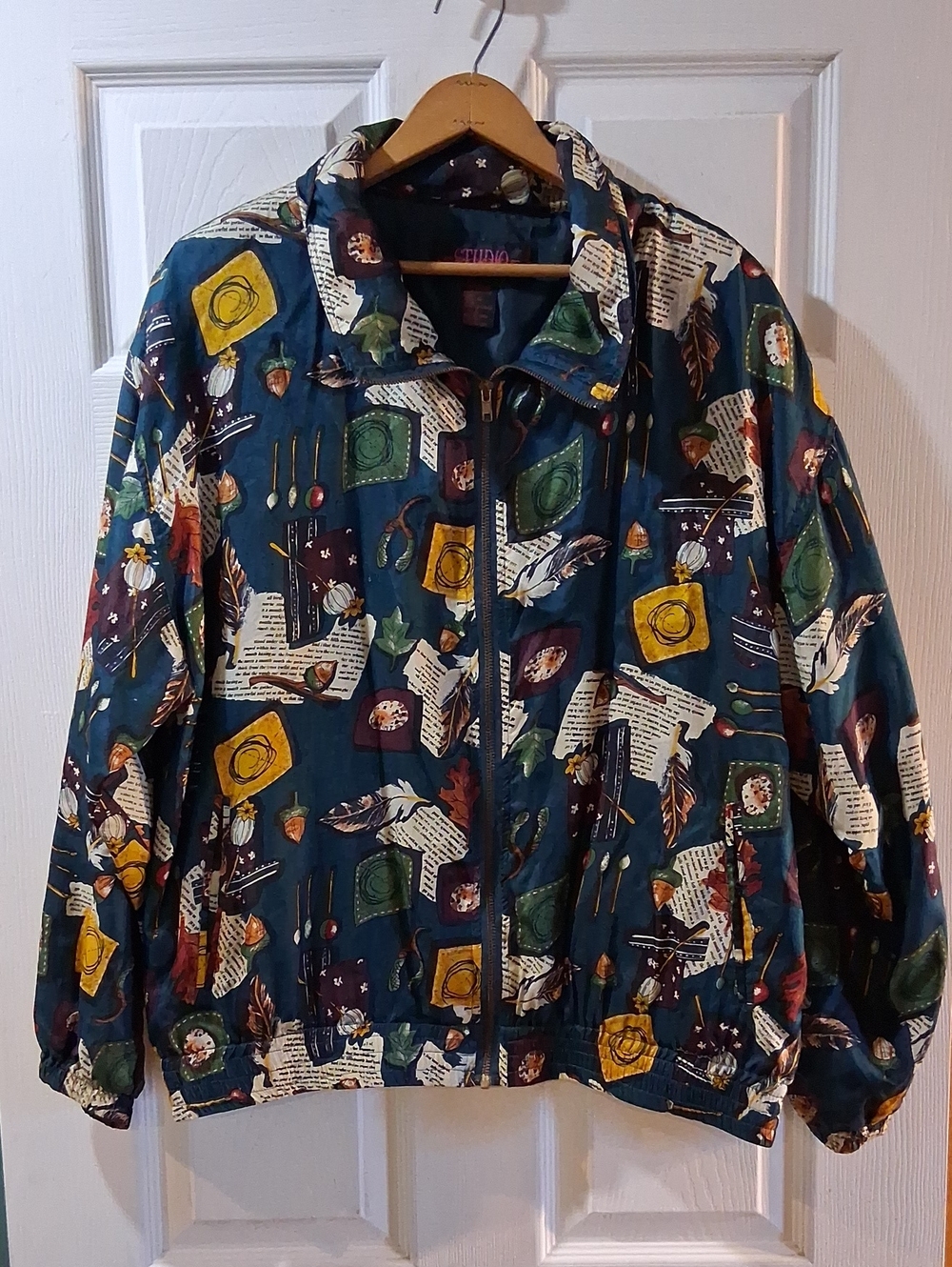 Vintage Teal Multi-Print Fall Themed "Poet Print" Bomber Jacket - Silk